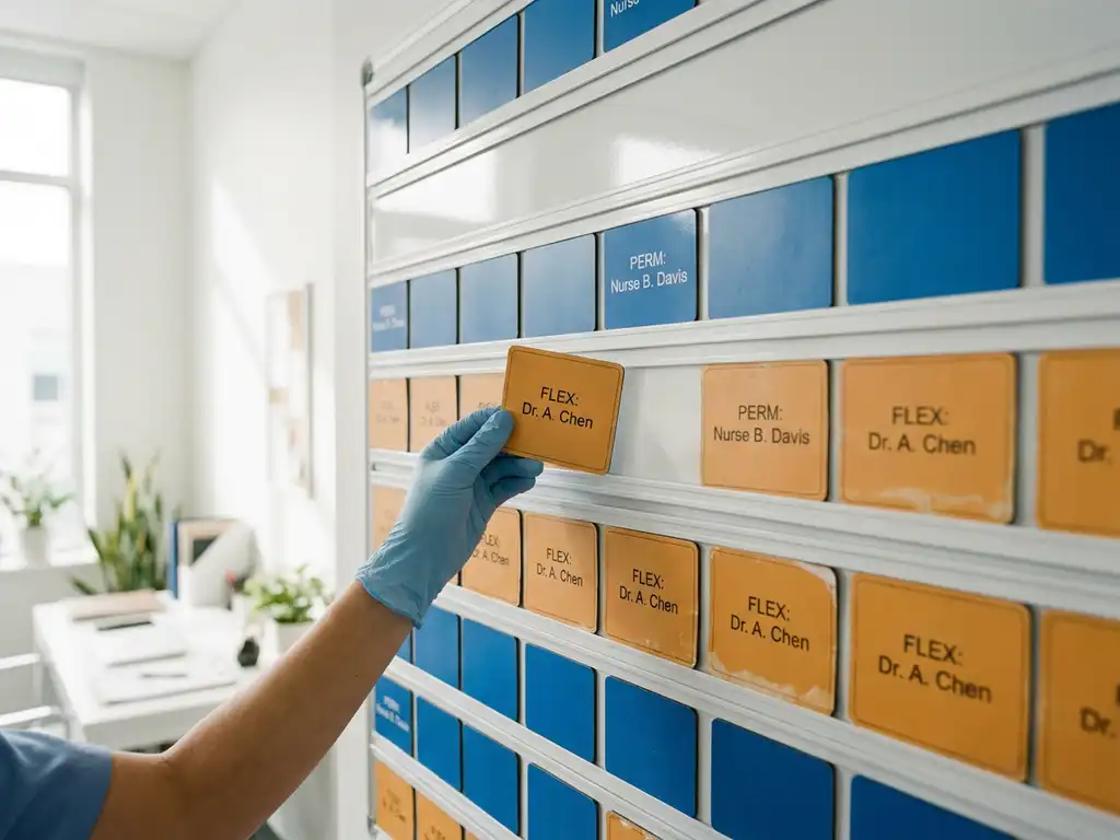 Planningsbord met magnetische naamkaartjes in blauwe en oranje kleuren, hand van zorgmedewerker verplaatst kaartje voor flexibele inzet