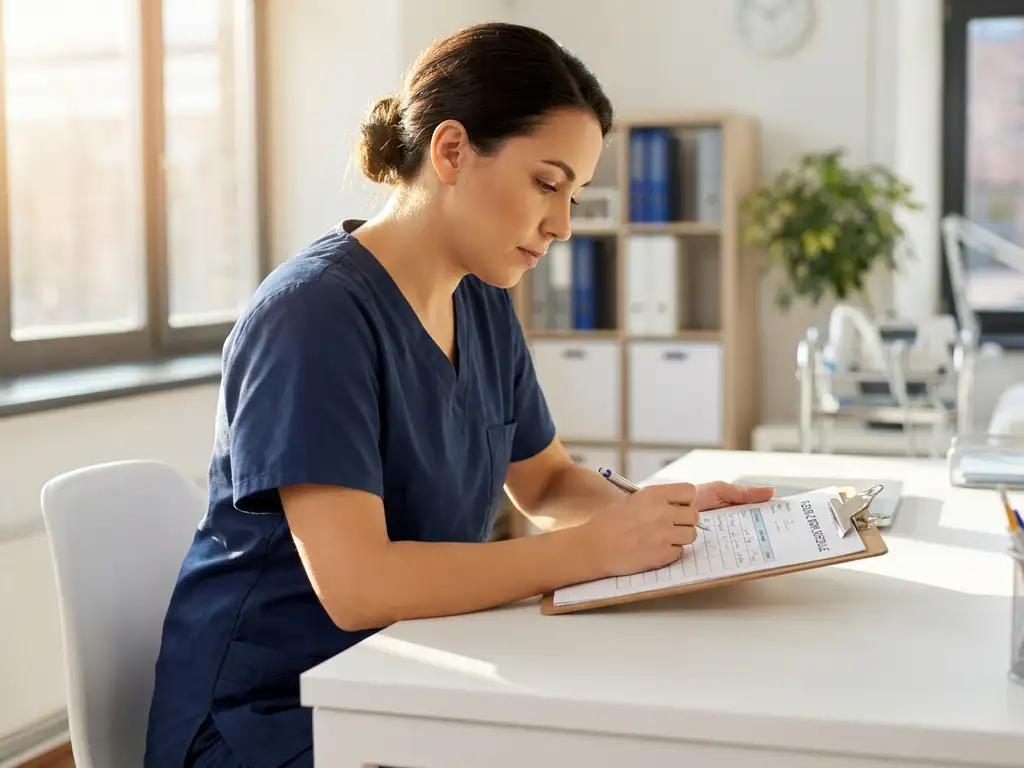 Zorgprofessional in scrubs bekijkt flexibel werkrooster op klembord aan bureau in helder medisch kantoor