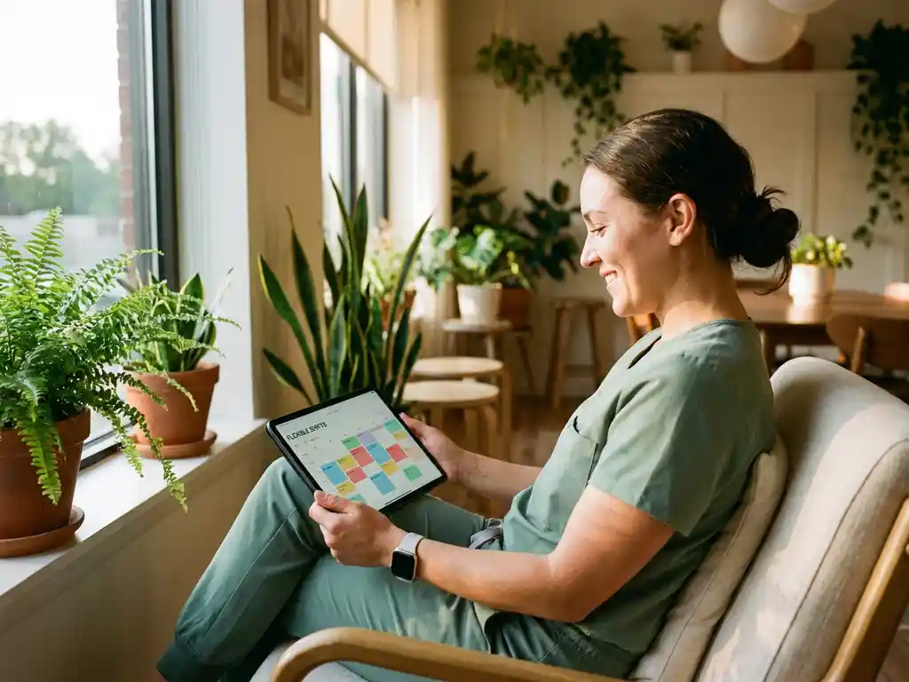 Zorgprofessional in scrubs bekijkt flexibele roostertablet in moderne personeelsruimte met planten en natuurlijk licht