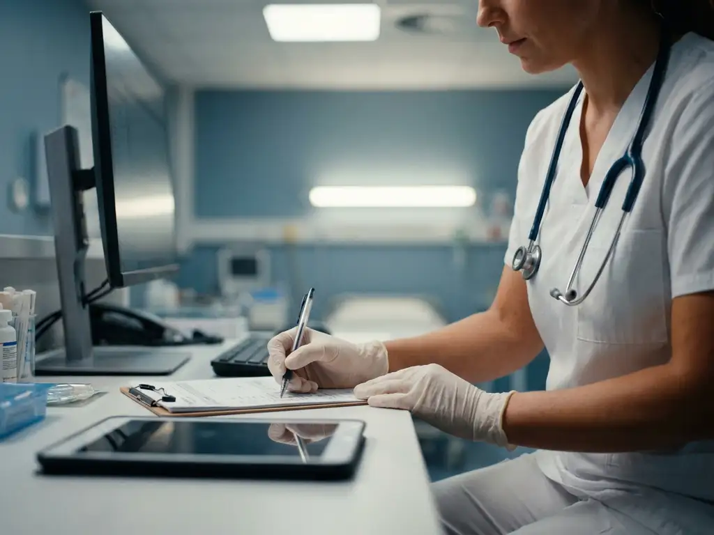 Forensisch verpleegkundige in witte scrubs documenteert patiëntinformatie in medisch dossier op moderne werkplek