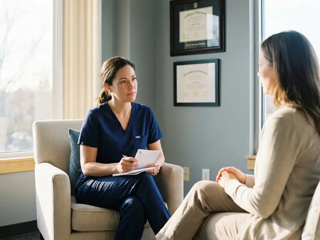 Zorgverlener in scrubs zit tegenover patiënt in moderne therapieruimte met diploma's aan grijze muur en natuurlijk licht
