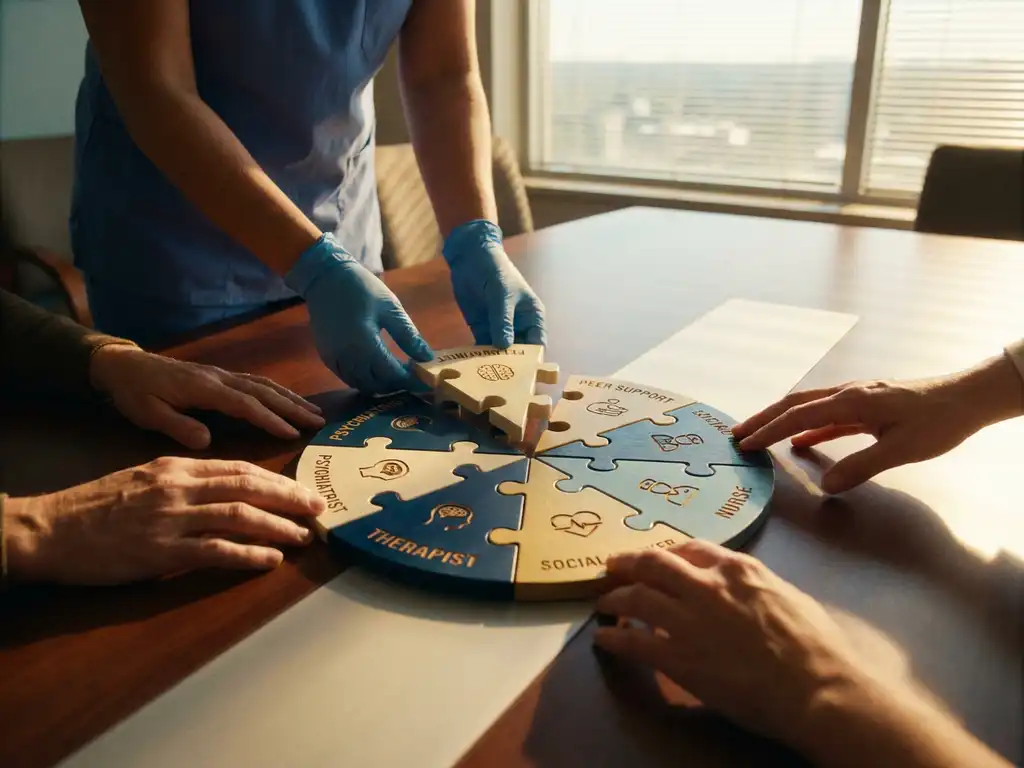 Zorgverlener voegt puzzelstukjes samen op houten tafel terwijl teamleden samenwerken aan geestelijke gezondheidszorg planning