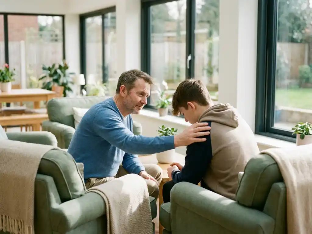 Jeugdcounselor legt ondersteunende hand op schouder van tiener in moderne jeugdzorginstelling met warme natuurlijke verlichting