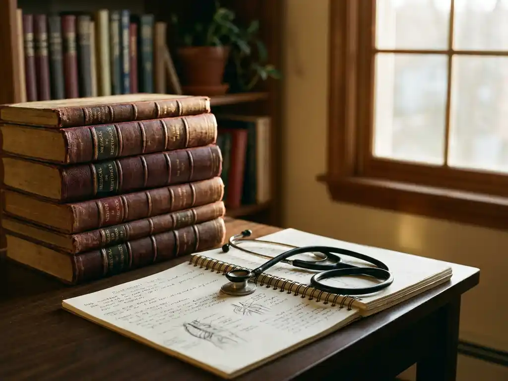 Stapel dikke medische leerboeken met versleten leren kaften op houten bureau naast opengeslagen notitieboek en stethoscoop