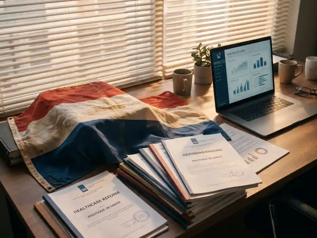 Nederlandse vlag over internationale zorgbeleidsdocumenten op bureau naast laptop met zorgdata, warme middaglicht door jaloezieën