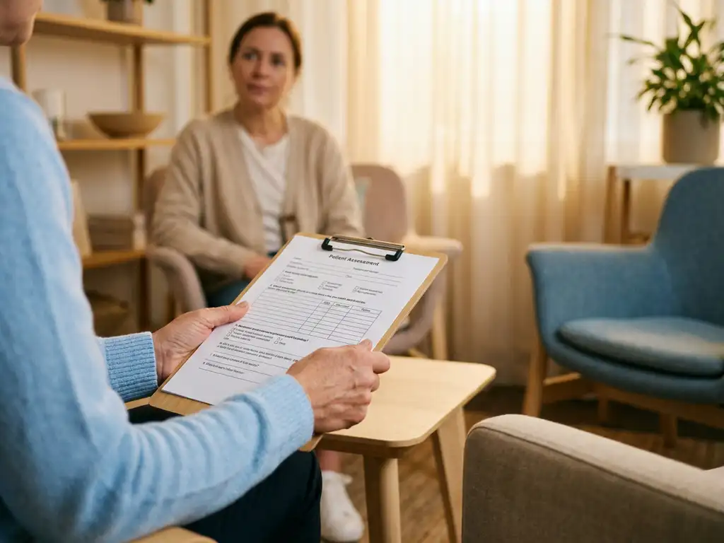 Zorgverlener houdt klembord met patiëntformulieren tijdens consult in rustige therapieruimte met natuurlijk licht