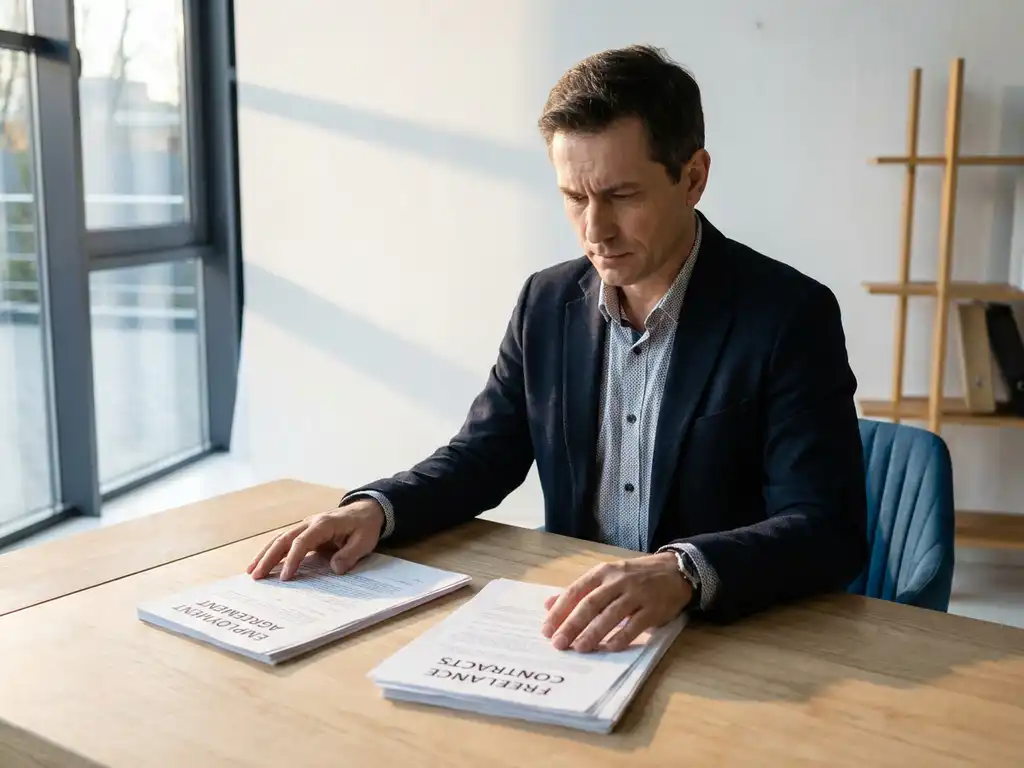 Psychiater in professionele kleding overweegt arbeidscontract en freelance documenten aan moderne kliniekbureau