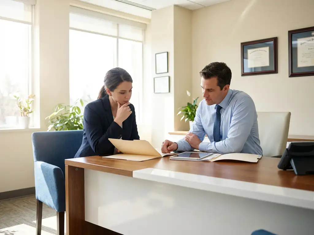 Psychiater en huisarts bespreken patiëntendossiers aan moderne consultatiebalie in medisch kantoor met natuurlijk licht