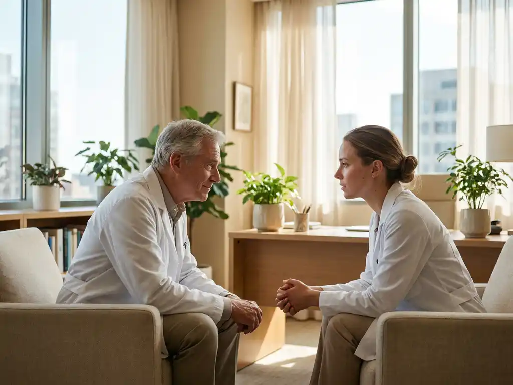 Ervaren psychiater in witte jas mentort jongere collega in moderne klinische ruimte met natuurlijk licht