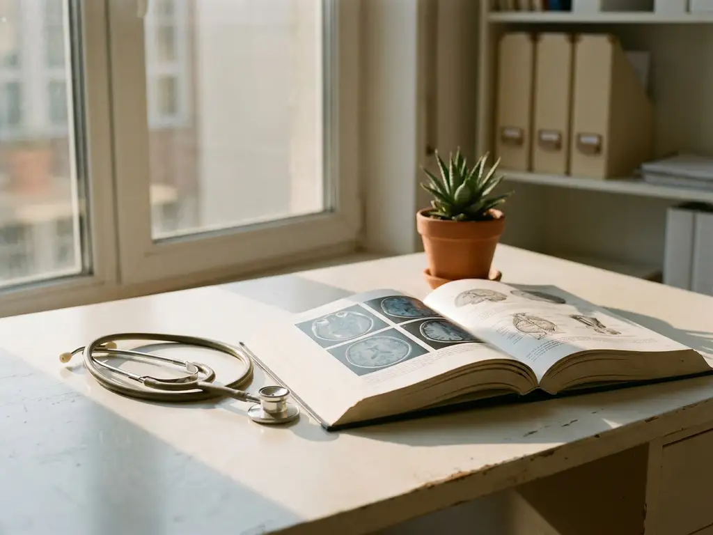 Stethoscoop naast opengeslagen medisch tijdschrift met hersenscans op wit bureau in klinische omgeving