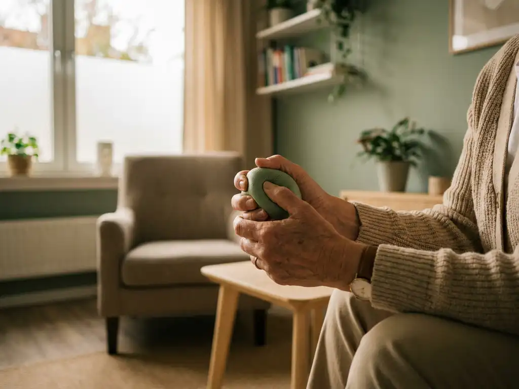 Psychiatrisch verpleegkundige houdt stressbal vast in rustige therapieruimte met zachte natuurlijke belichting