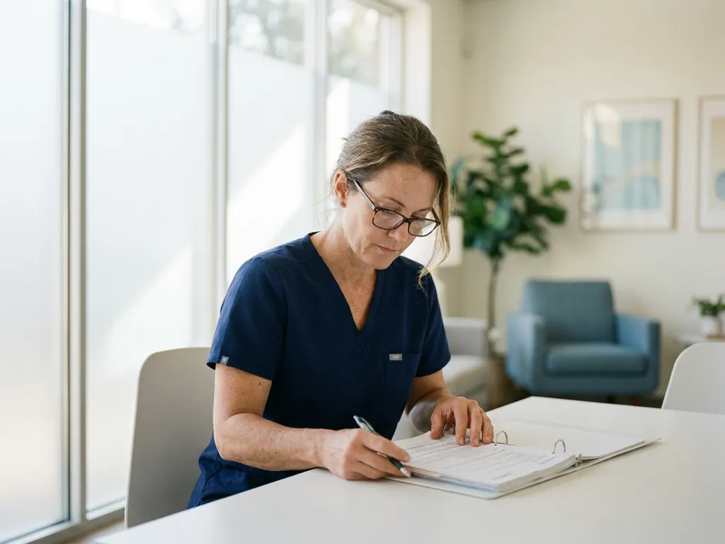 Zorgverlener in scrubs bestudeert patiëntendocumentatie aan wit bureau in moderne psychiatrische kliniek
