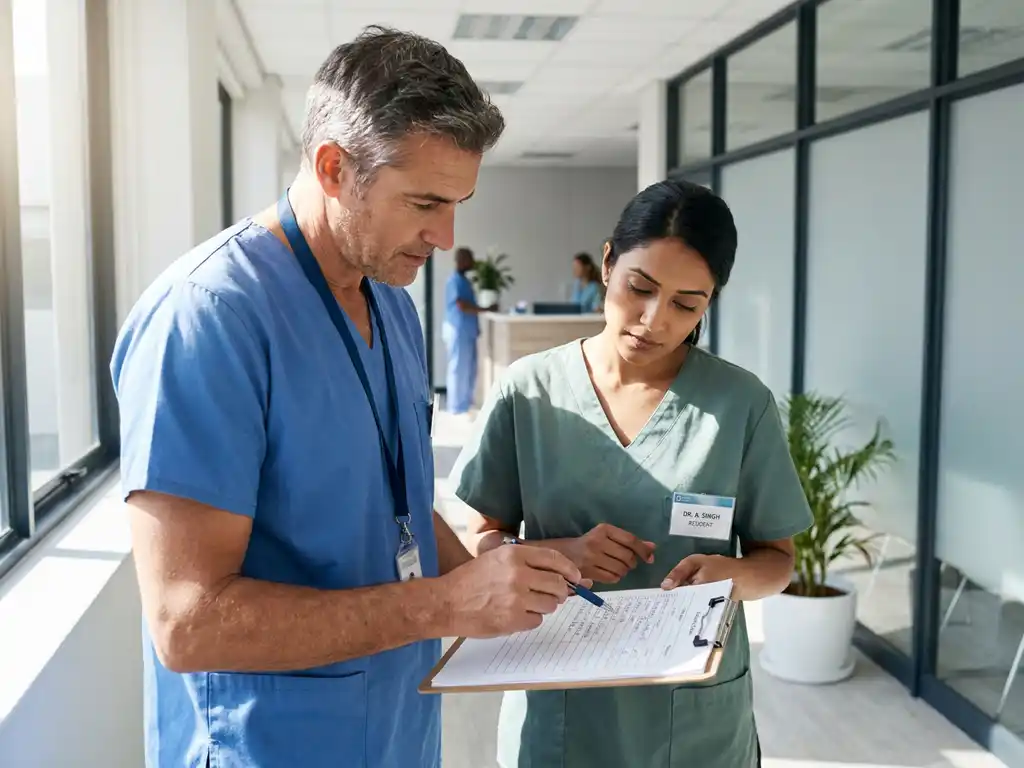 Nieuwe zorgverlener in scrubs bestudeert patiëntenzorgchecklist terwijl ervaren collega protocollen toelicht in moderne psychiatrische zorgfaciliteit