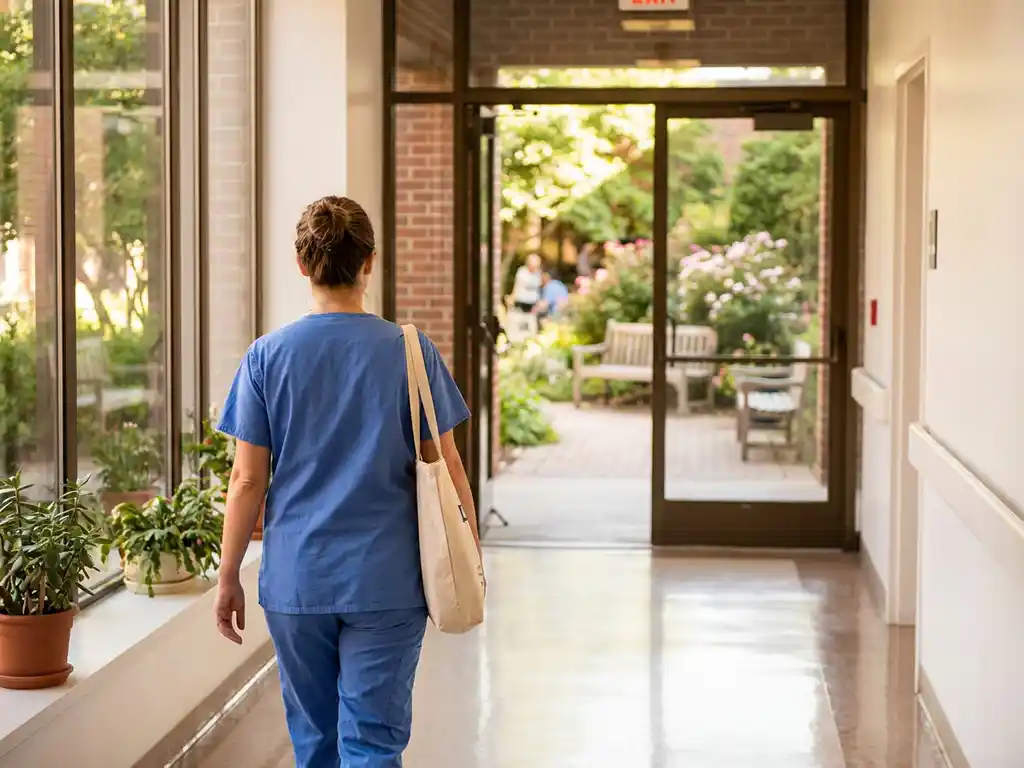 Zorgverlener in scrubs loopt door ziekenhuisgang naar open deur met groene binnenplaats, overgang tussen klinische en natuurlijke omgeving
