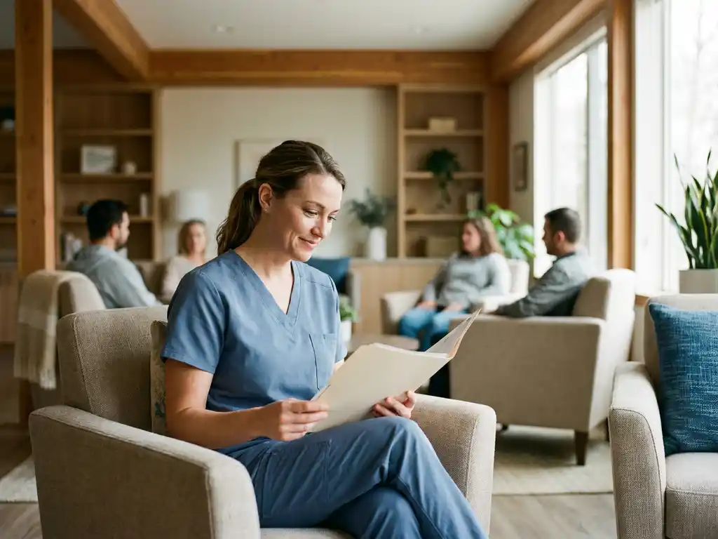 Zorgverlener in uniform bestudeert patiëntendossier in moderne psychiatrische faciliteit met warme houten accenten