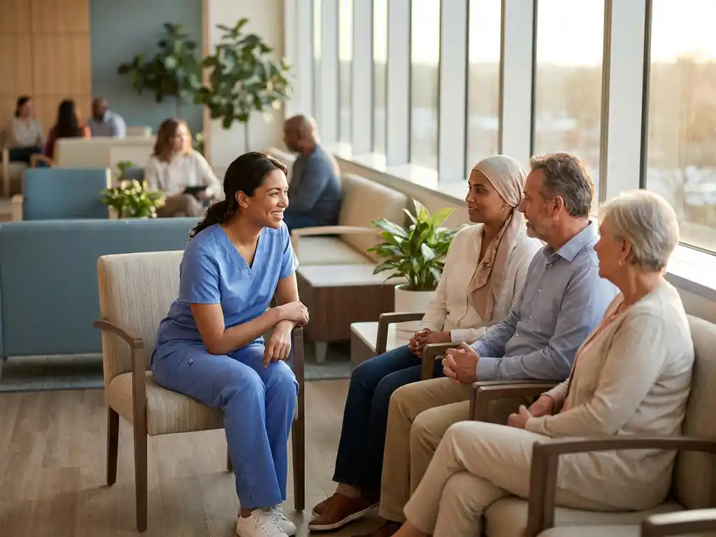 Zorgverlener in scrubs in gesprek met patiënten in moderne psychiatrische kliniek wachtruimte met natuurlijk licht