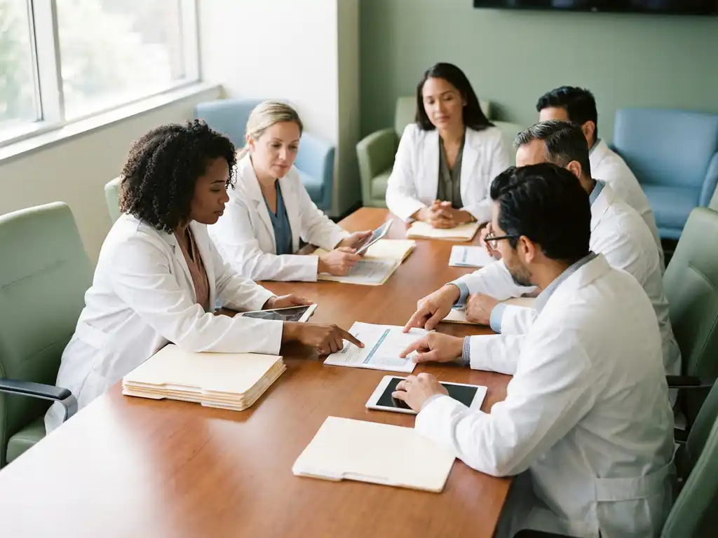Diverse team van geestelijke gezondheidszorgverleners in witte jassen bespreekt patiëntendossiers rond moderne vergadertafel in heldere psychiatrische kliniek