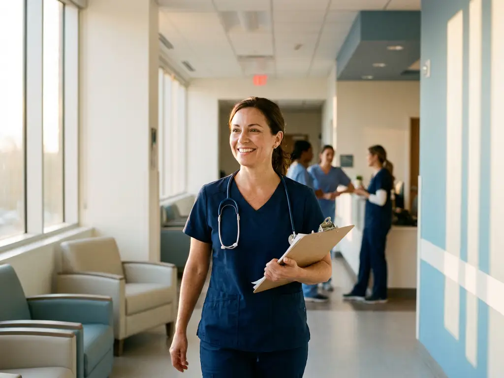 Professionele vrouw in scrubs met klembord loopt door moderne psychiatrische zorginstelling met natuurlijk licht