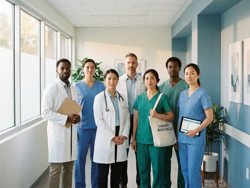 Diverse zorgprofessionals in witte jassen en scrubs staan samen in moderne psychiatrische ziekenhuisgang met medische hulpmiddelen