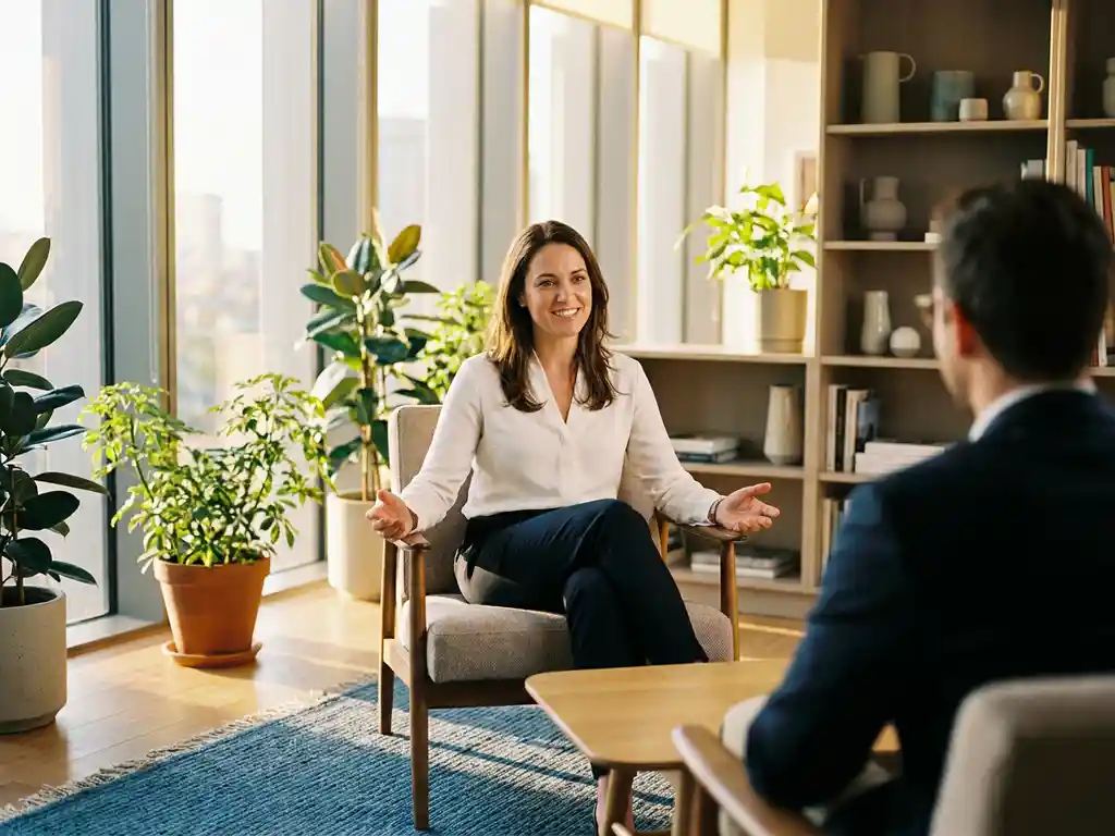 Professionele vrouw in wit overhemd tijdens sollicitatiegesprek in moderne kantoorruimte met natuurlijk licht