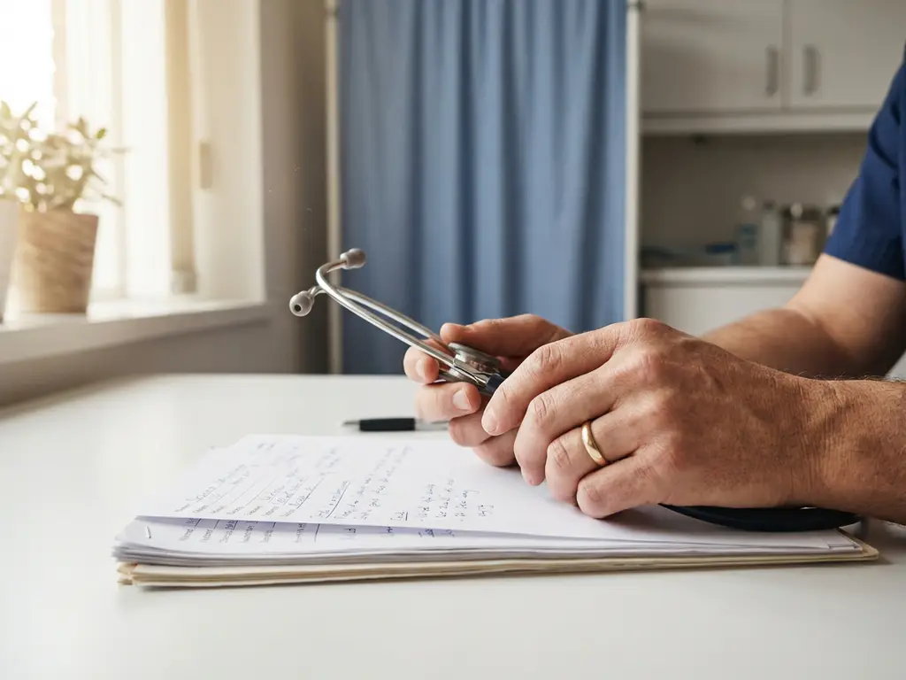 Handen van zorgverlener houden stethoscoop vast terwijl patiëntendossier wordt bekeken op wit bureau in kliniek