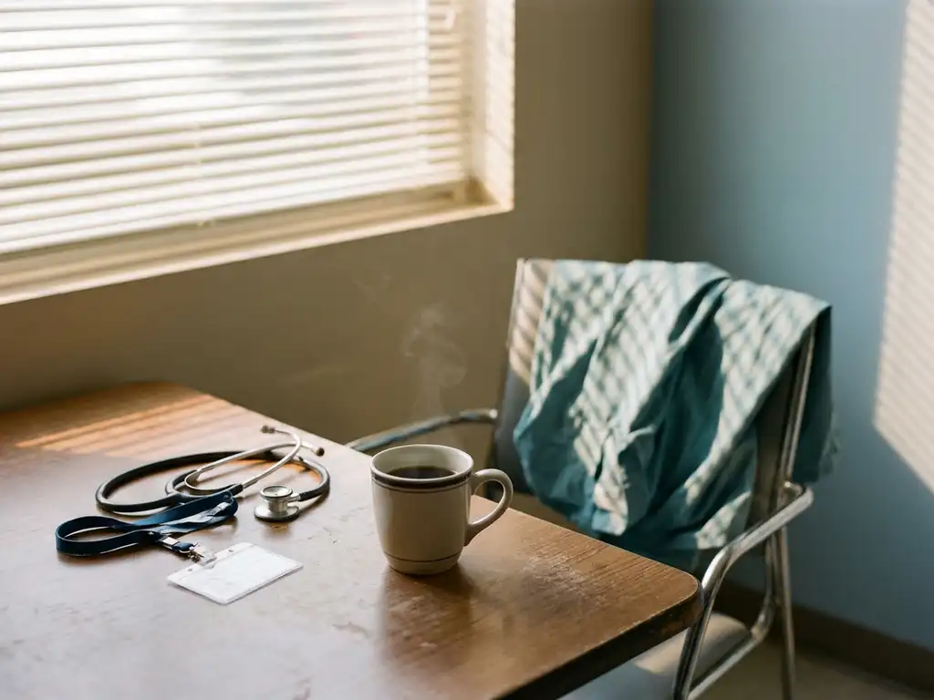 Stethoscoop en ID-badge van zorgverlener op lege pauzeruimtetafel met warme koffie, zachte middaglicht door jaloezieën