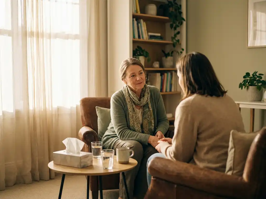 Therapeut en patiënt in gesprek in warme counselingkamer met zachte verlichting en comfortabele leren stoelen