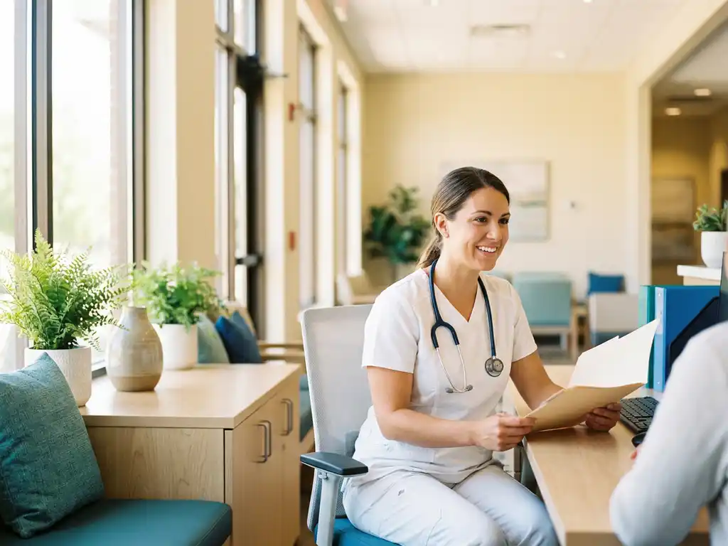 Glimlachende verpleegkundige in witte uniform bekijkt patiëntendossiers aan moderne consultatiebalie in lichte zorgomgeving