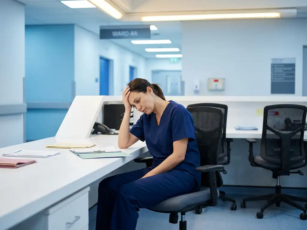 Uitgeputte verpleegkundige in uniform zit alleen aan lege ziekenhuisbalie met verspreide medische dossiers en lege stoelen