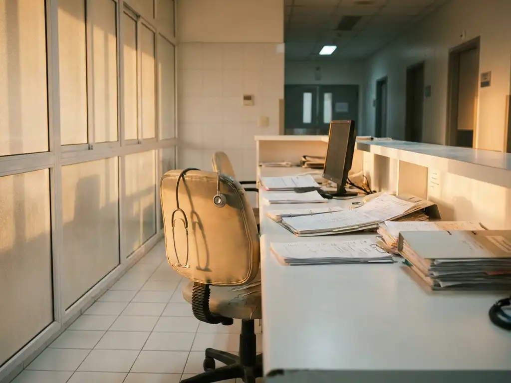 Verlaten verpleegpost met stethoscoop over lege stoel, verspreide medische dossiers en warm zonlicht door ziekenhuisramen