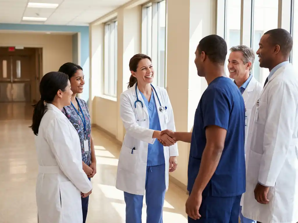 Zorgprofessional in scrubs begroet permanent ziekenhuispersoneel met handdruk in moderne ziekenhuisgang