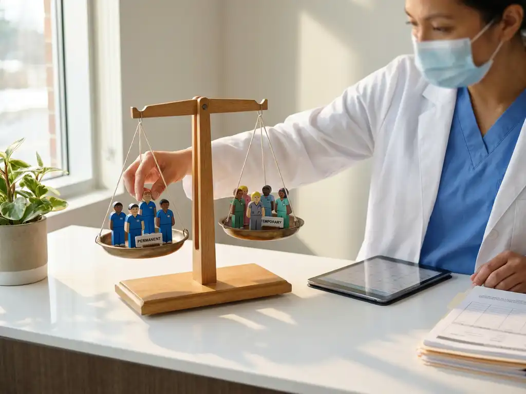 Zorgprofessional in scrubs past houten weegschaal aan met poppetjes van vast en tijdelijk personeel op medisch bureau