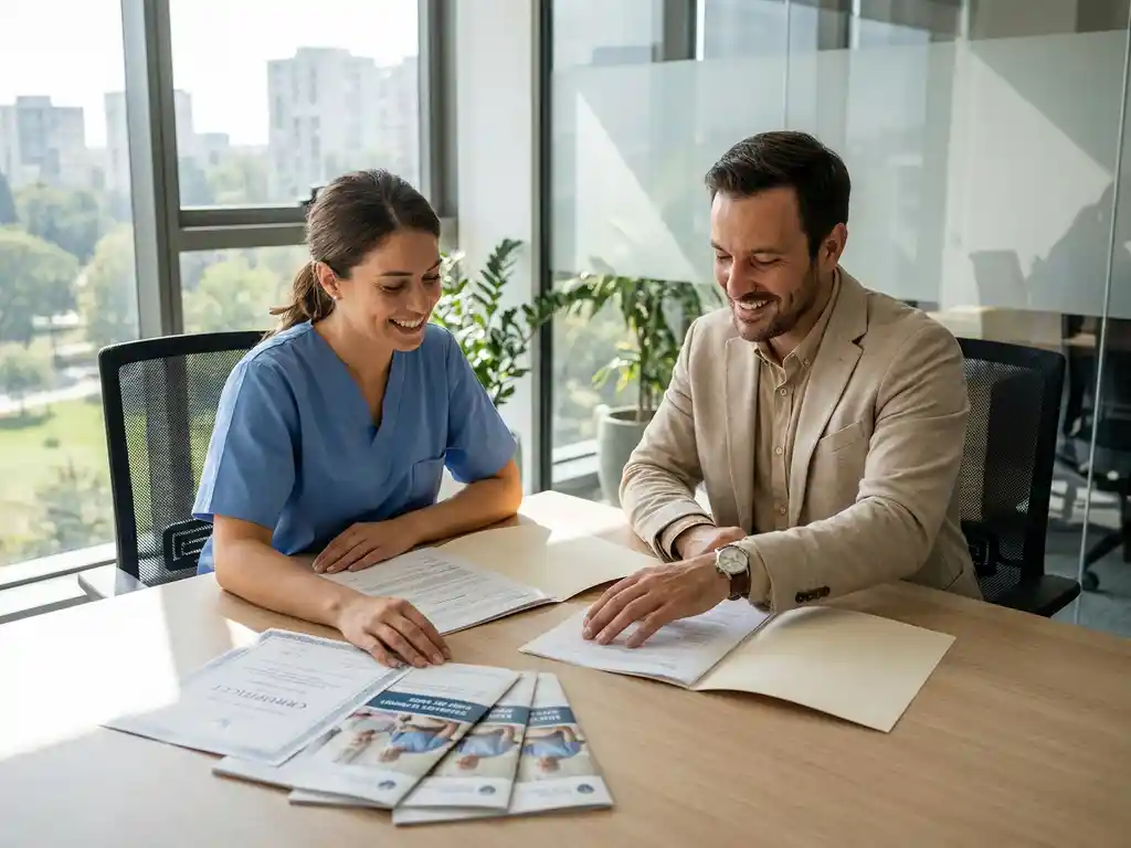Zorgprofessional in uniform bespreekt documenten met recruiter aan modern bureau, medische certificaten en folders zichtbaar