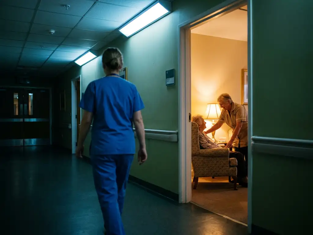 Ziekenhuisverpleegkundige loopt door donkere gang terwijl zorgmedewerker bejaarde bewoner verzorgt in verlichte kamer