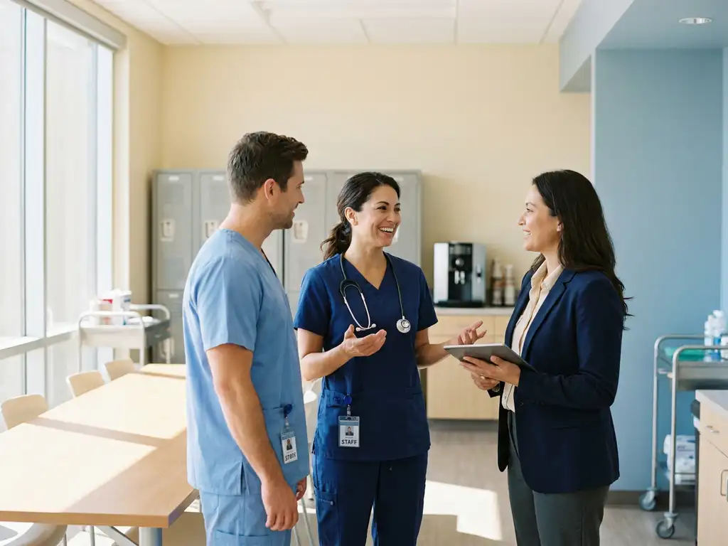 Glimlachende zorgverlener in scrubs introduceert collega aan faciliteitsmanager in moderne ziekenhuispauzeruimte met natuurlijk licht