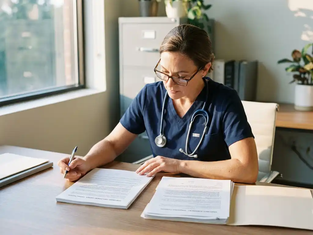 Zorgprofessional in scrubs bekijkt contractdocumenten van uitzendbureau en freelance overeenkomst aan bureau