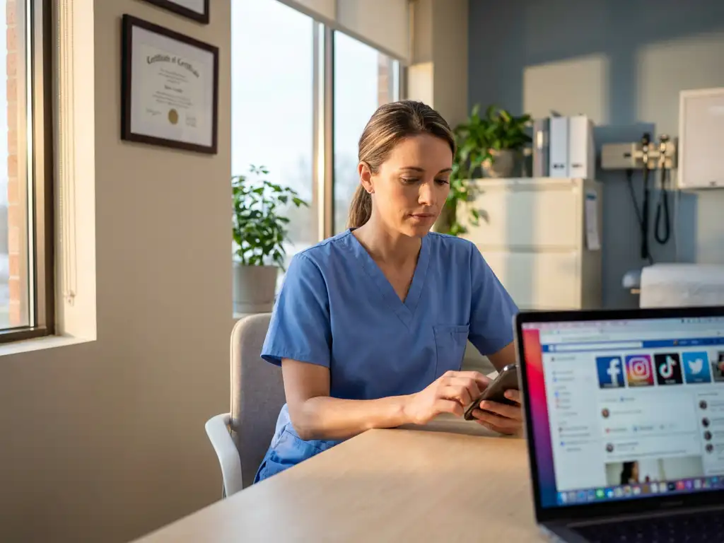Zorgprofessional in scrubs typt op smartphone aan bureau met laptop die sociale media toont, natuurlijk licht door raam