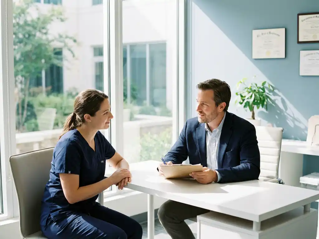 Zorgprofessional in scrubs voert sollicitatiegesprek met werkgever aan witte bureau in medische omgeving met natuurlijk licht