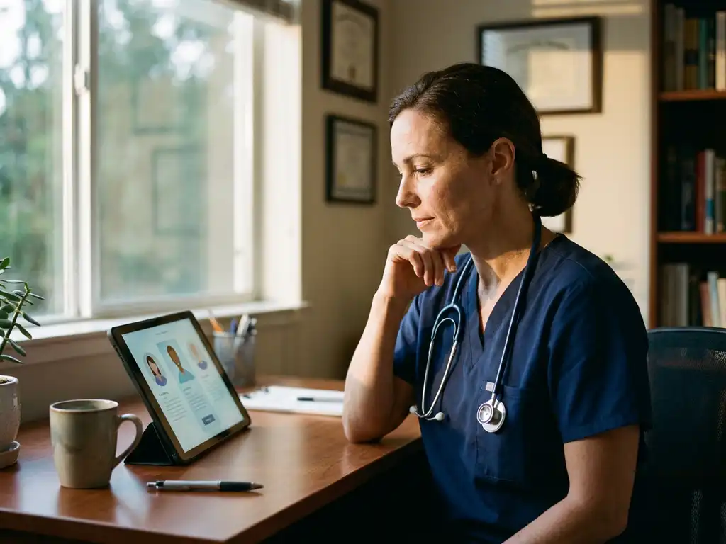 Zorgprofessional in scrubs bekijkt kandidaatprofielen op tablet aan houten bureau met stethoscoop om nek