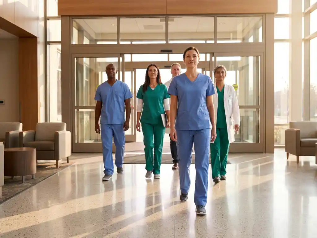 Diverse zorgverleners in scrubs lopen vol vertrouwen door de lichte ingang van een moderne zorgfaciliteit
