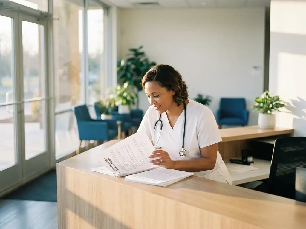 Zorgprofessional in witte scrubs bekijkt arbeidscontract aan moderne kliniekbalie met stethoscoop om nek