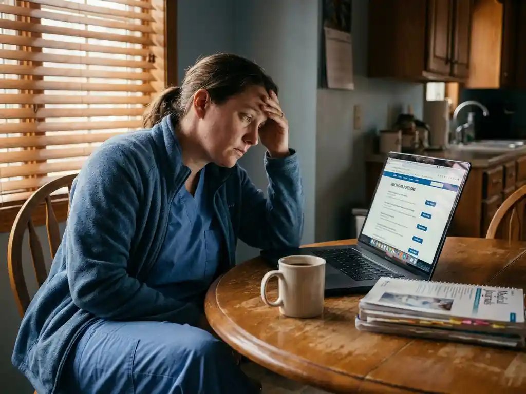 Uitgeputte zorgverlener in scrubs staart naar laptop met vacatures, koude koffie en medische tijdschriften op keukentafel