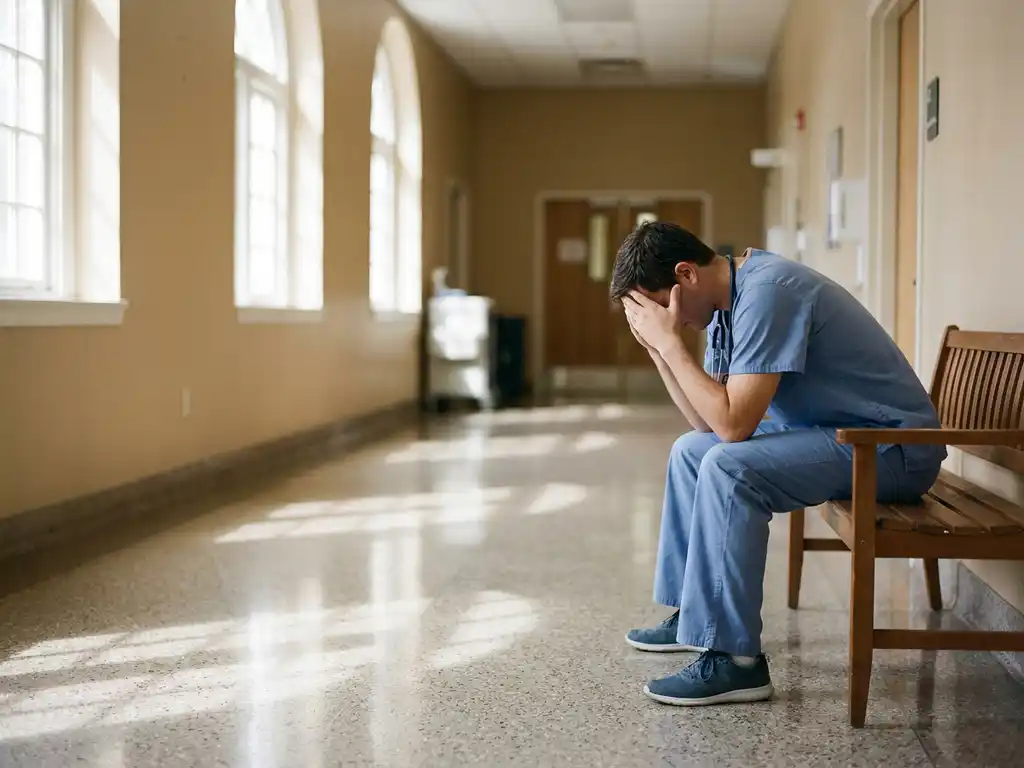 Zorgverlener in scrubs zit nadenkend in ziekenhuisgang met hoofd in handen, stethoscoop om nek, zachte natuurlijke belichting