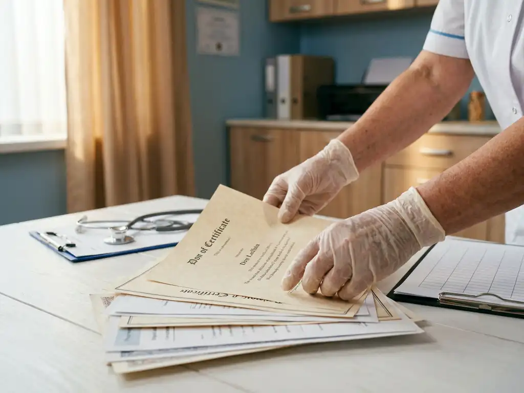 Handen van zorgverlener bekijken certificaten en diploma's op wit bureau met stethoscoop, natuurlijk licht door raam