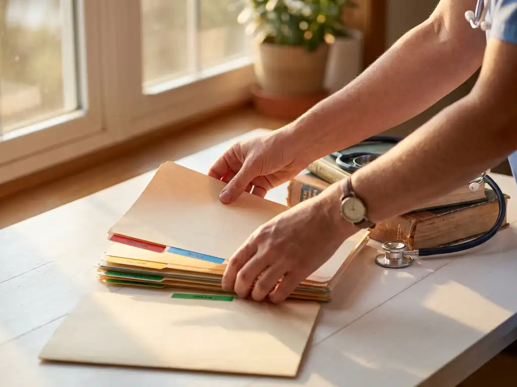 Handen van zorgprofessional organiseren kleurrijke certificatiemappen en medische handboeken op wit bureau met stethoscoop