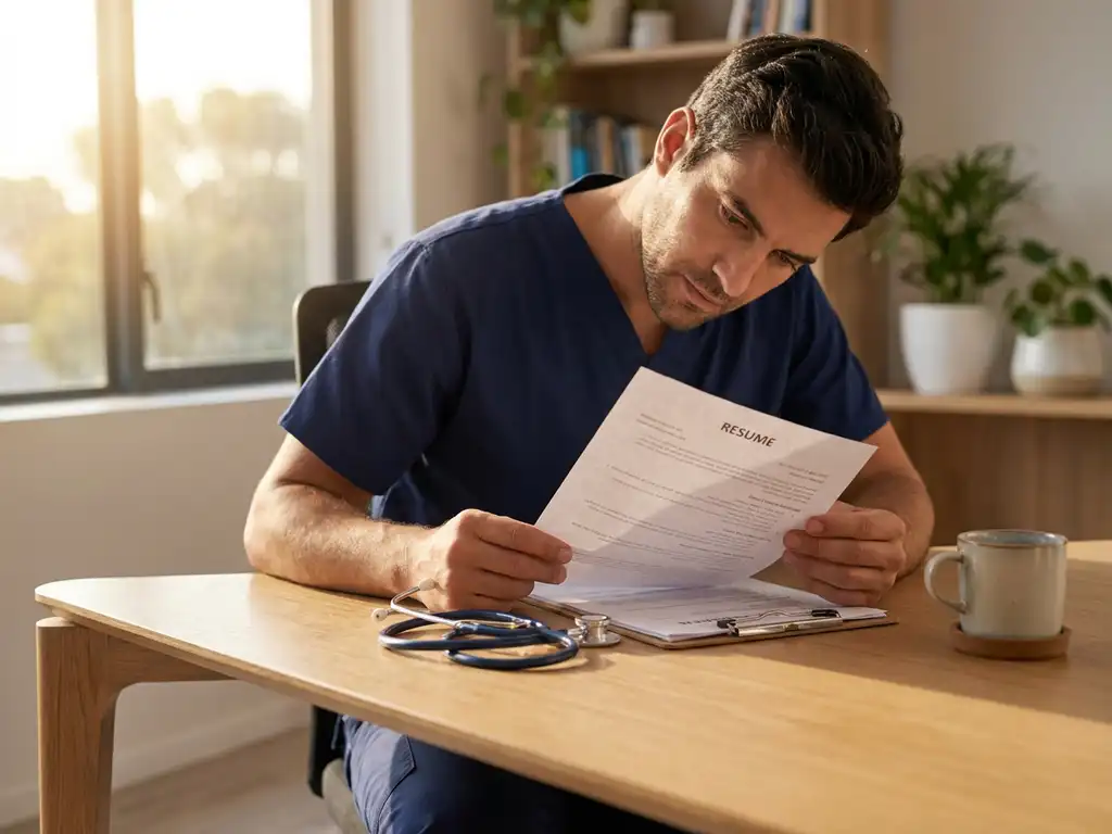 Zorgprofessional in scrubs bestudeert cv aan houten bureau met stethoscoop en klembord in warm natuurlijk licht