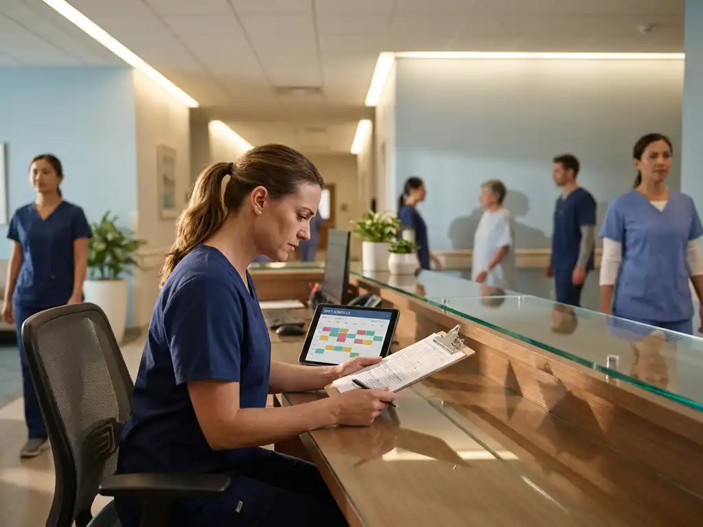 Zorgverlener in scrubs bekijkt patiëntendossiers bij moderne verpleegpost met flexibele dienstroosters op tablet