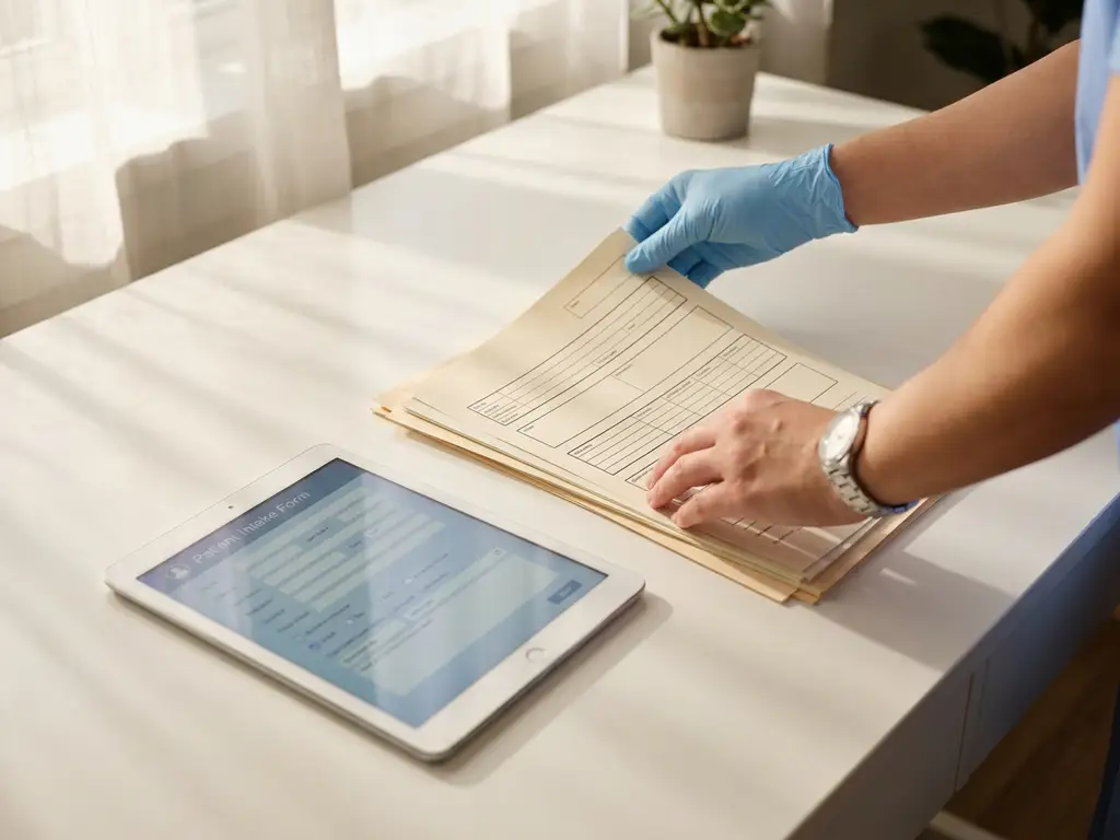 Zorgverlener organiseert papierwerk op wit bureau naast tablet met digitaal formulier, natuurlijk licht
