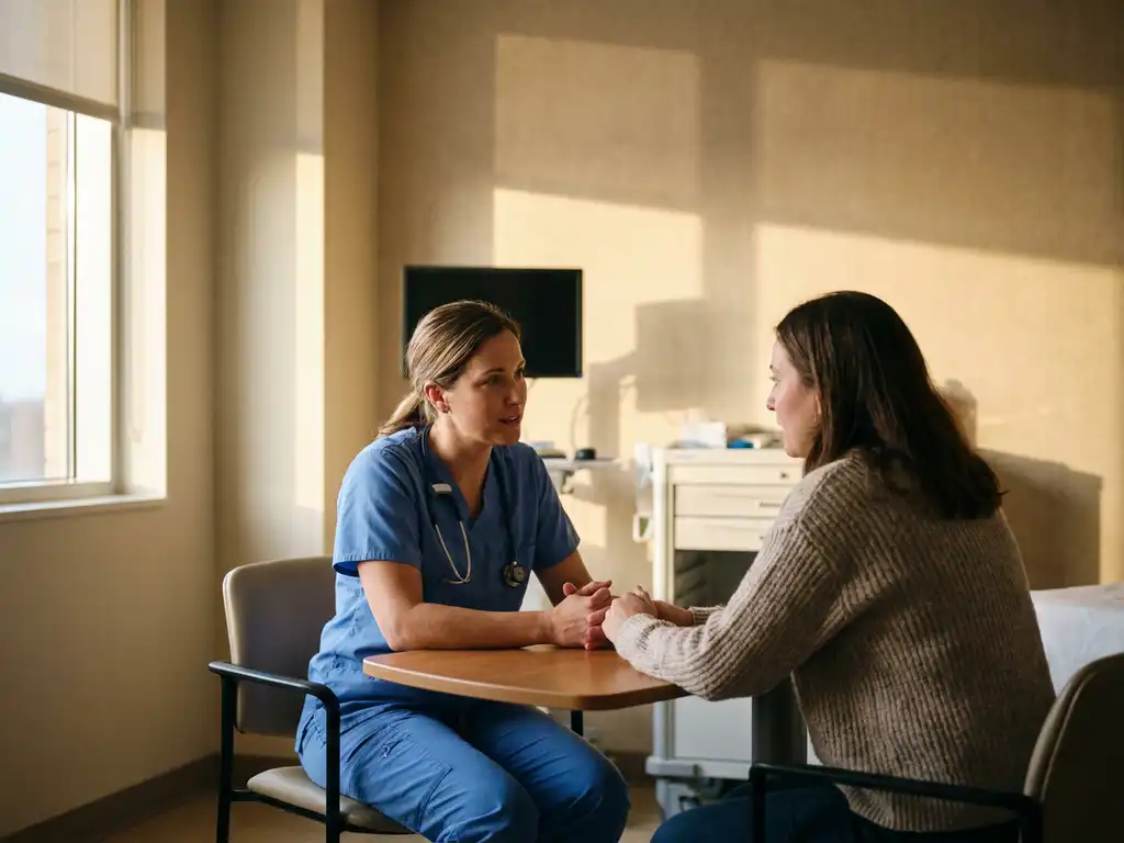 Zorgverlener in scrubs voert gesprek met bezorgd familielid aan tafel in ziekenhuiskamer met warm natuurlijk licht