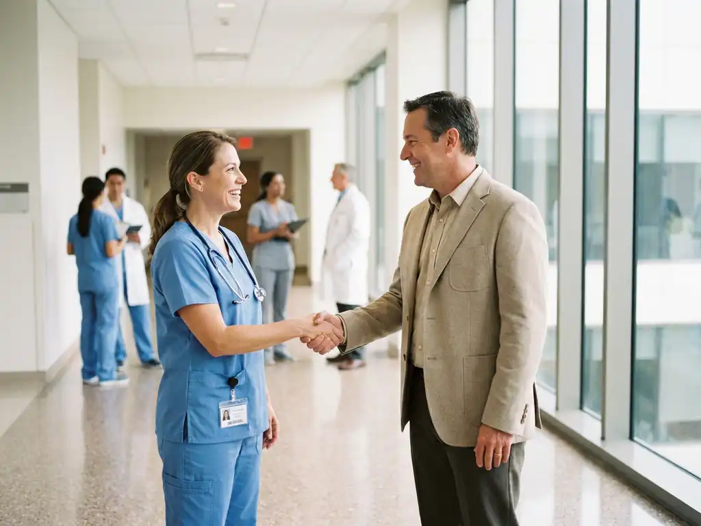 Zorgverlener in scrubs schudt hand met faciliteitmanager in moderne ziekenhuisgang, beiden glimlachend